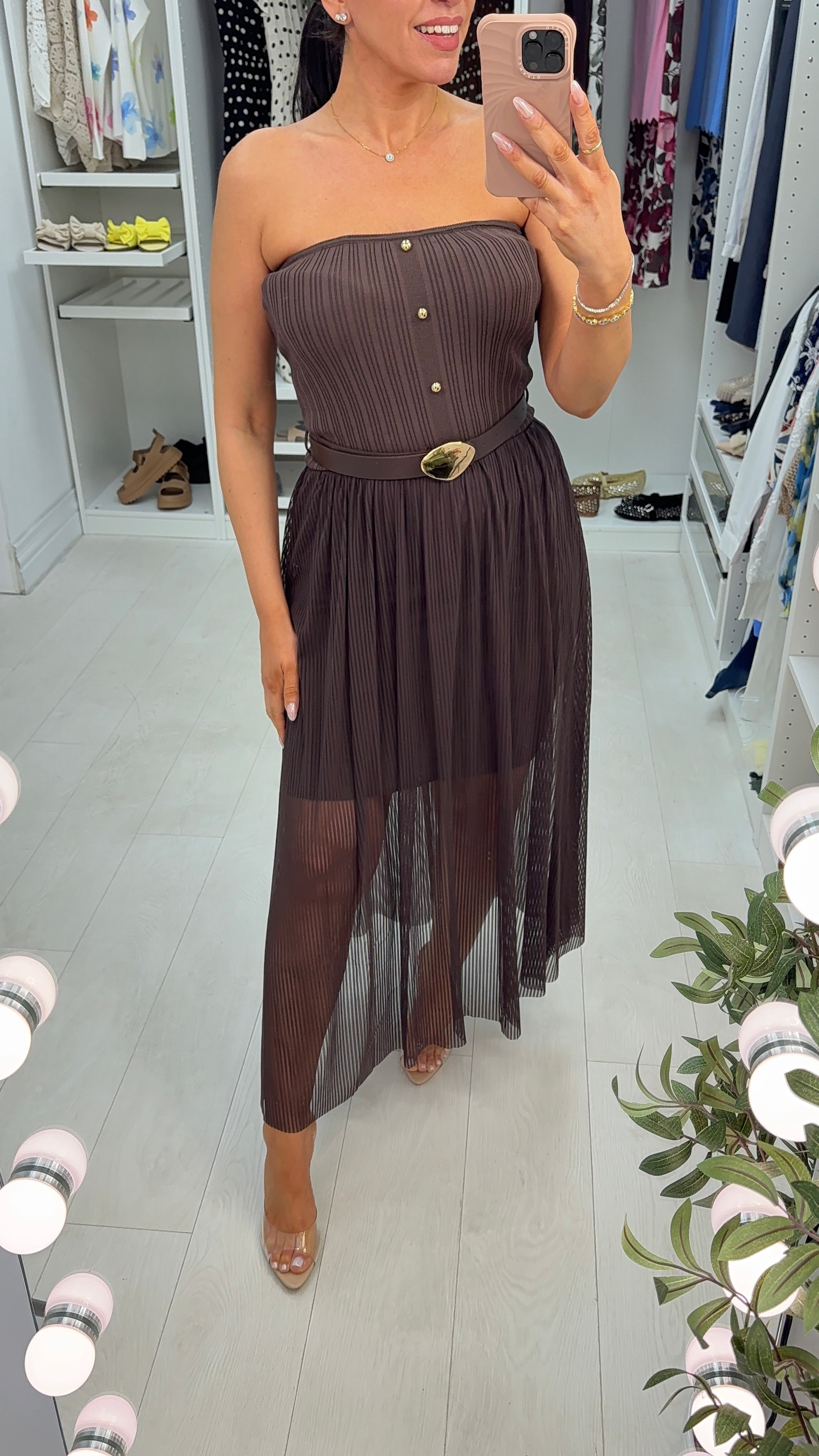 Beverley Ribbed & Mesh Bardot Midi Dress