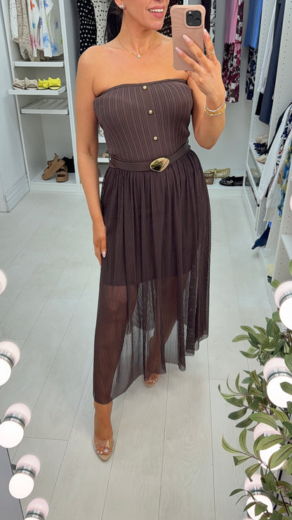 Beverley Ribbed & Mesh Bardot Midi Dress