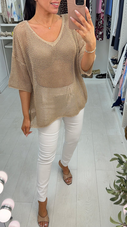 Dovie Crochet Gold Metalic V Neck Short Sleeve Top