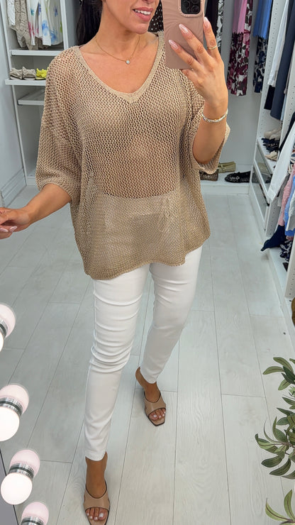 Dovie Crochet Gold Metalic V Neck Short Sleeve Top