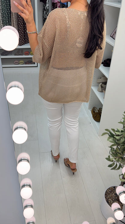 Dovie Crochet Gold Metalic V Neck Short Sleeve Top