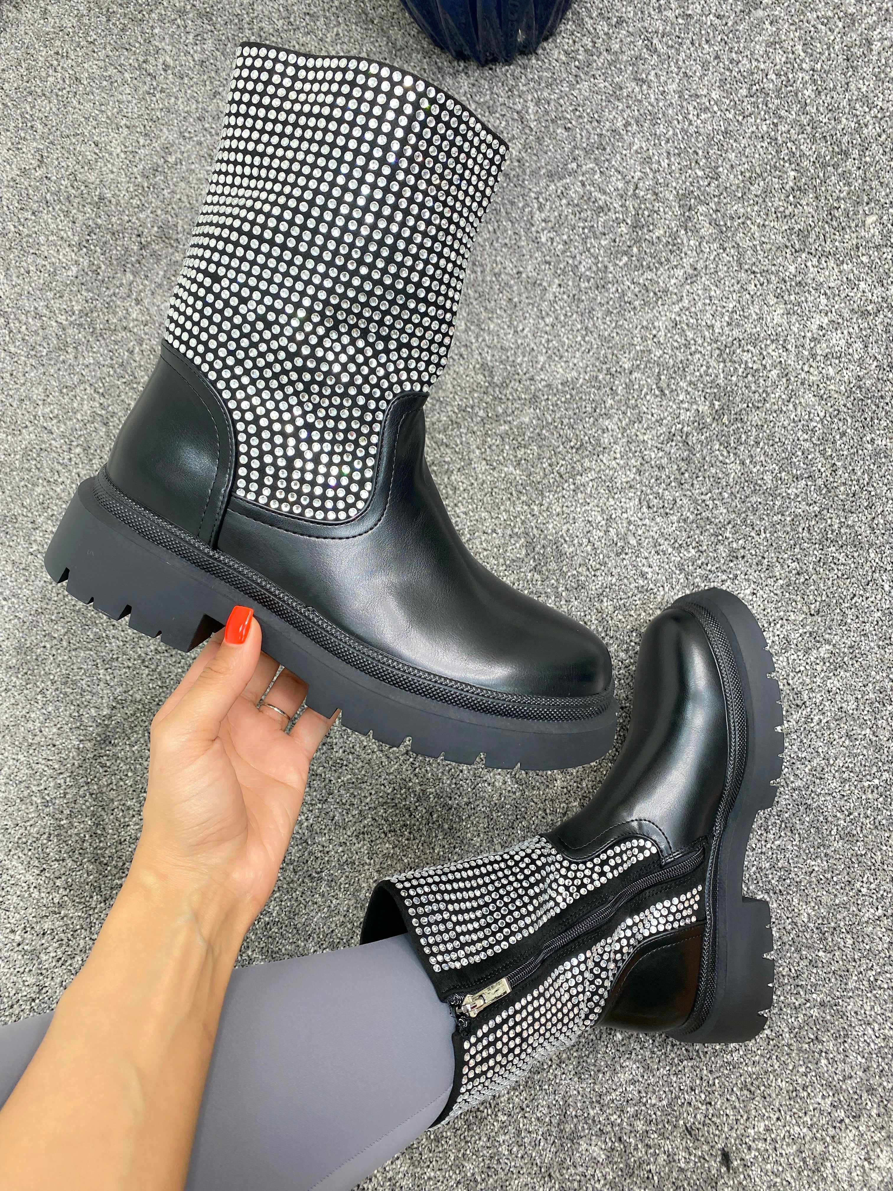 Imatra Diamante Sparkle Gem Black Chunky Boot