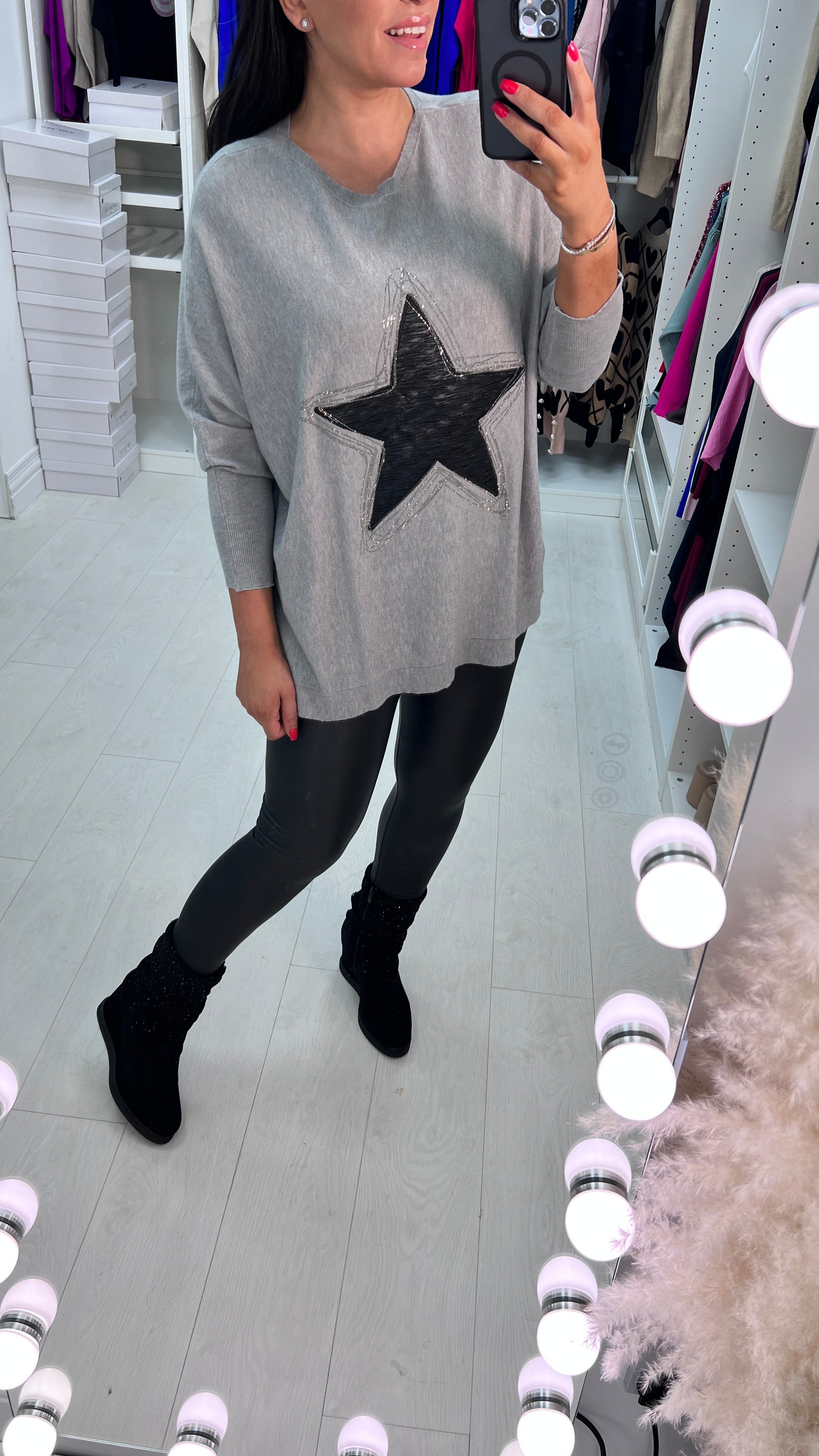 Merosa Fabric Star Diamante Detail Drop Sleeve Knit Top