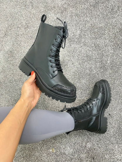 Minnesota Black Faux Leather Gem Detail Biker Boots