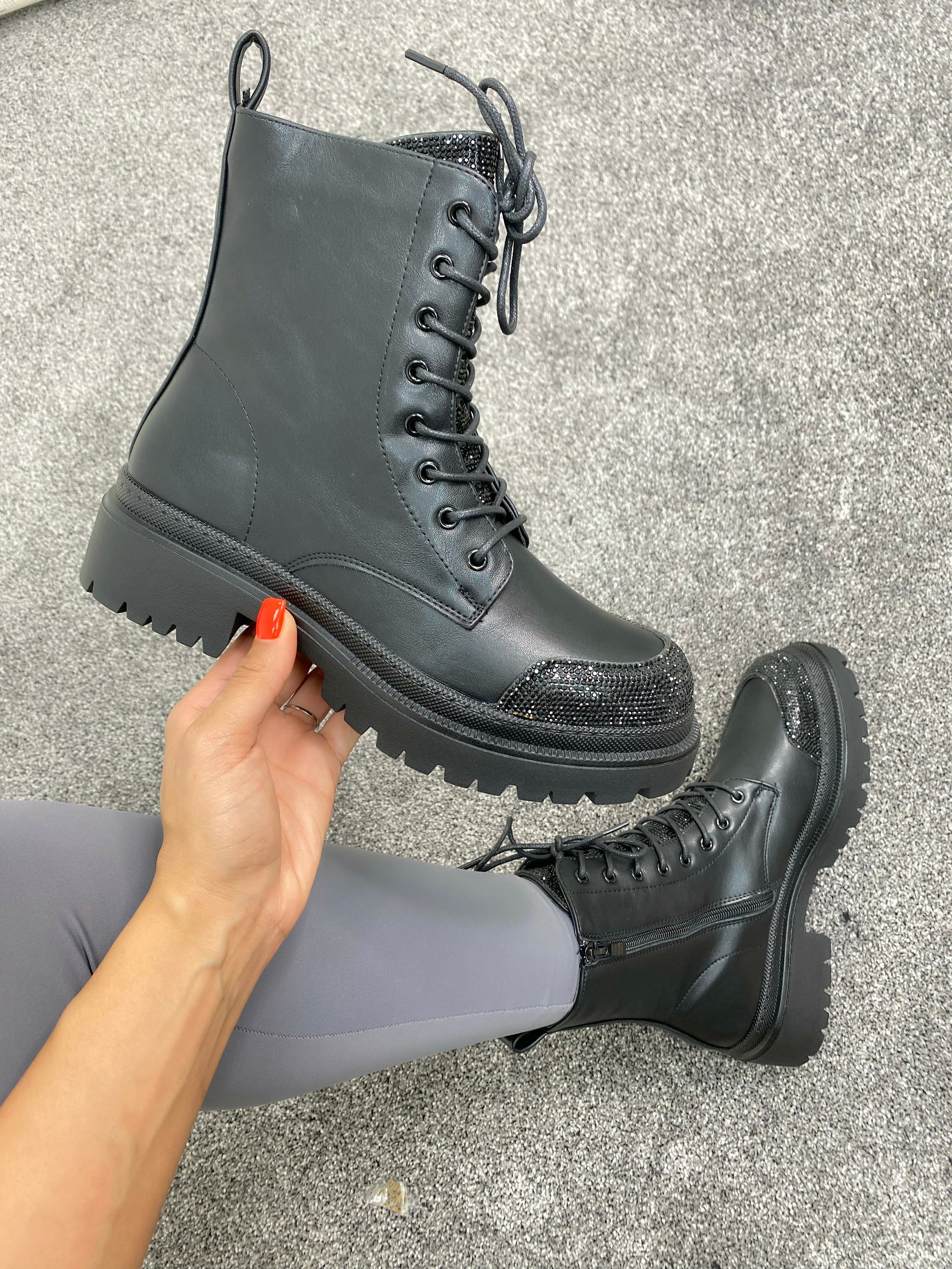 Minnesota Black Faux Leather Gem Detail Biker Boots