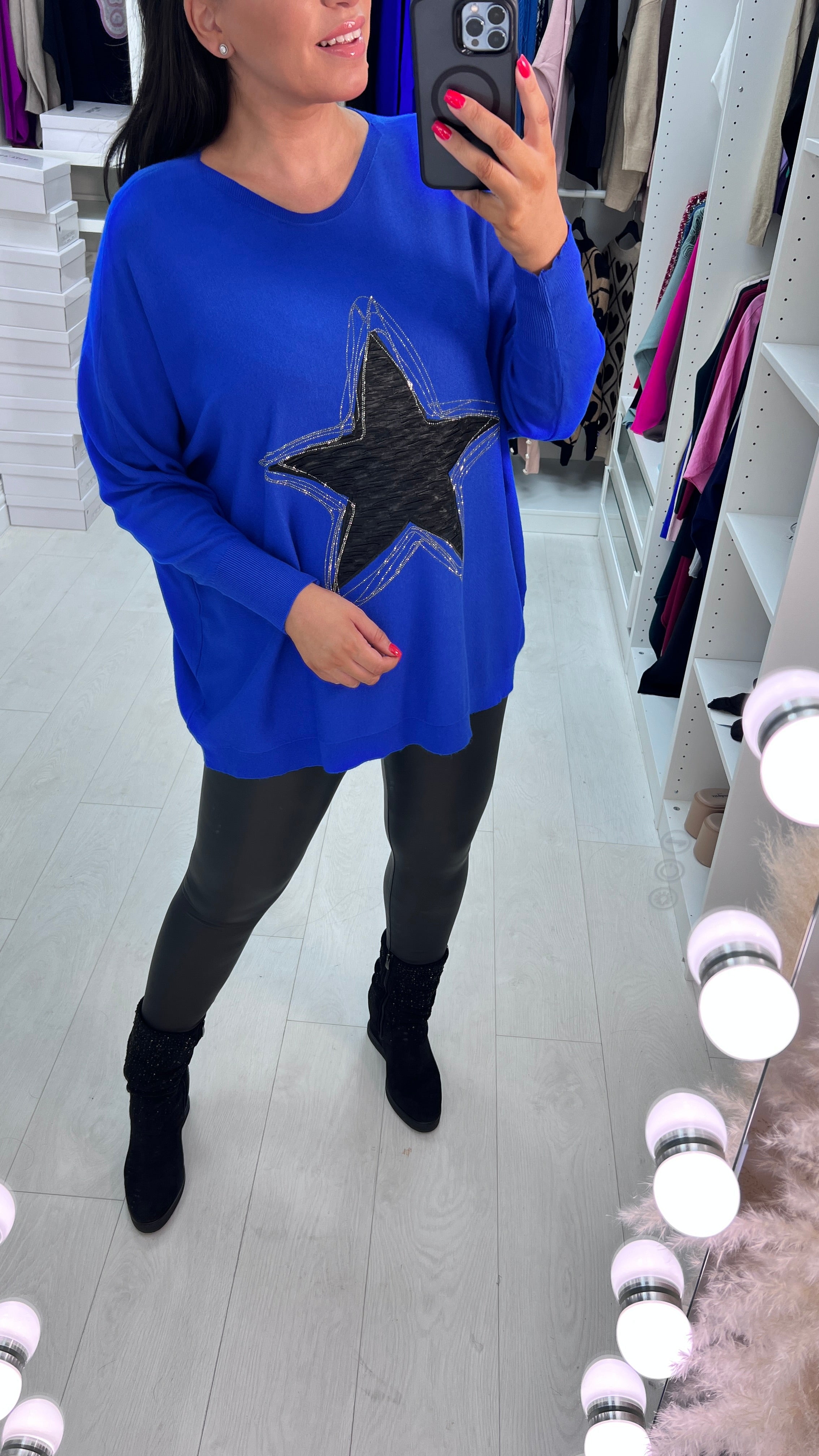 Merosa Fabric Star Diamante Detail Drop Sleeve Knit Top