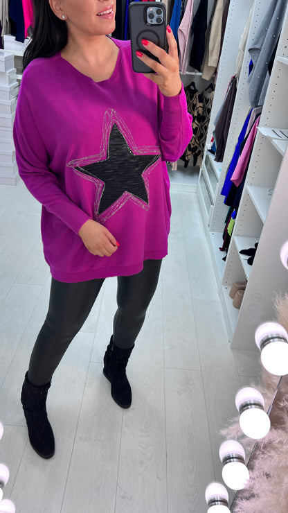 Merosa Fabric Star Diamante Detail Drop Sleeve Knit Top