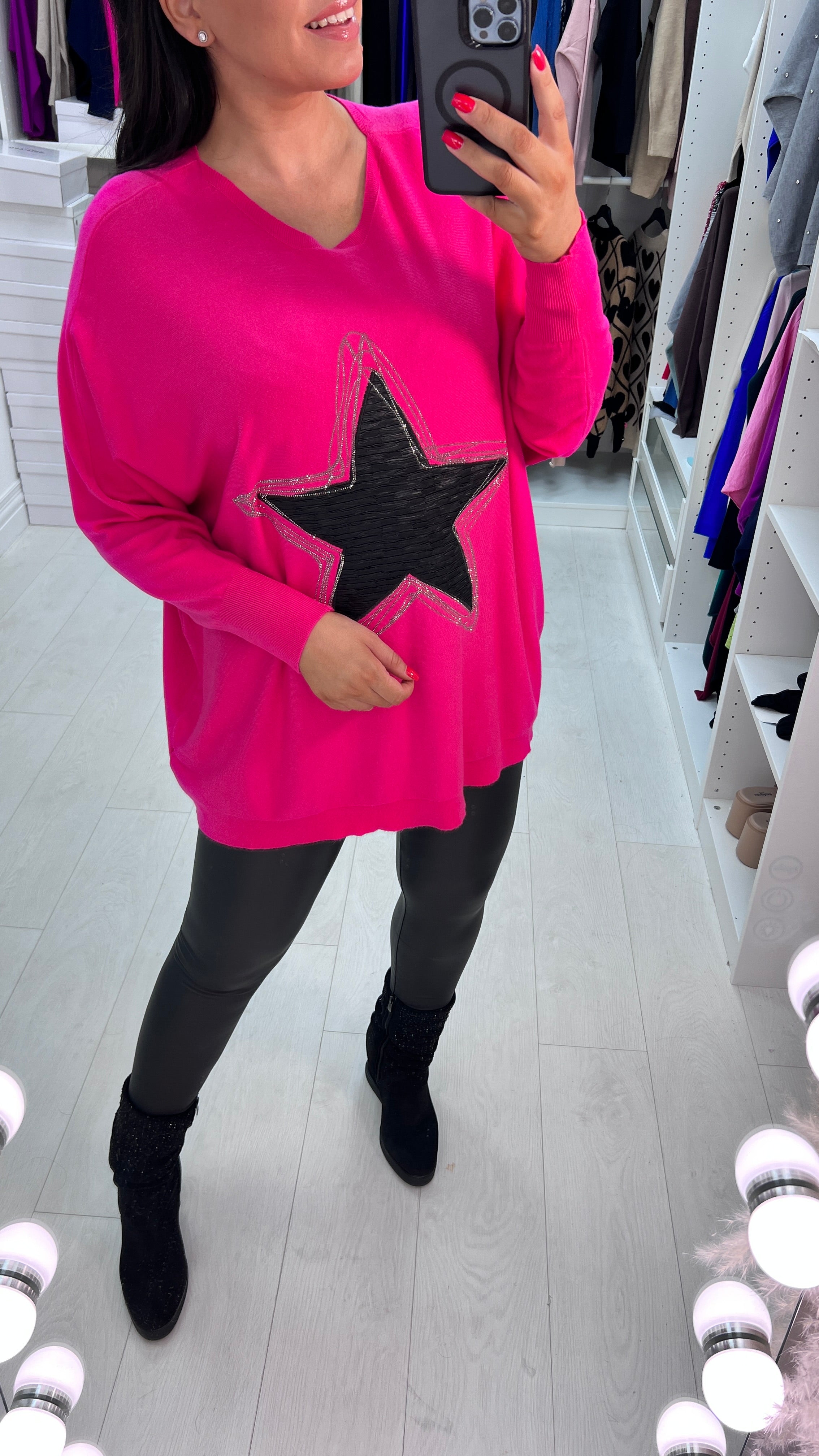 Merosa Fabric Star Diamante Detail Drop Sleeve Knit Top