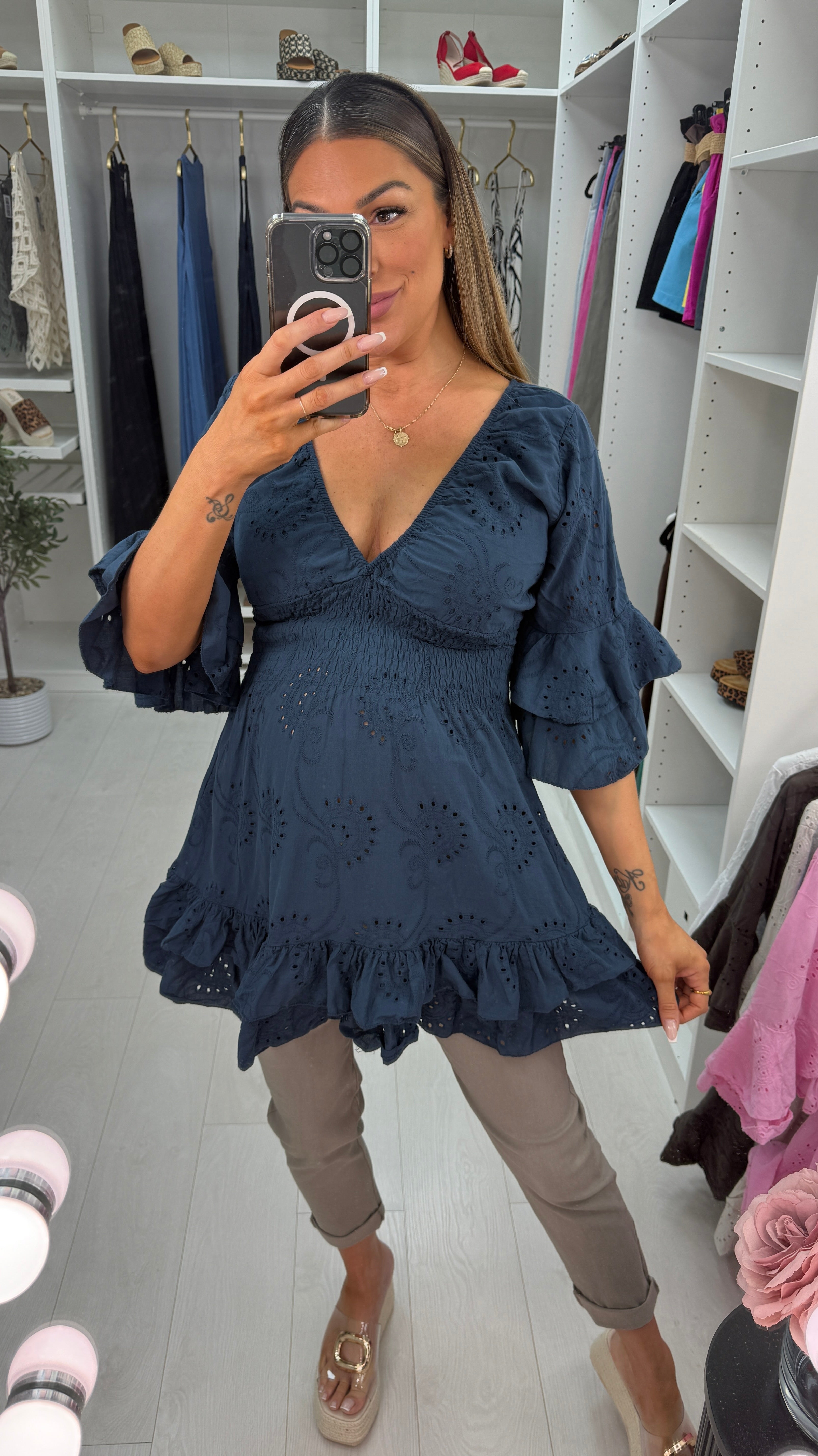 Kamiya Broidery Anglaise Deep V Neck Tunic