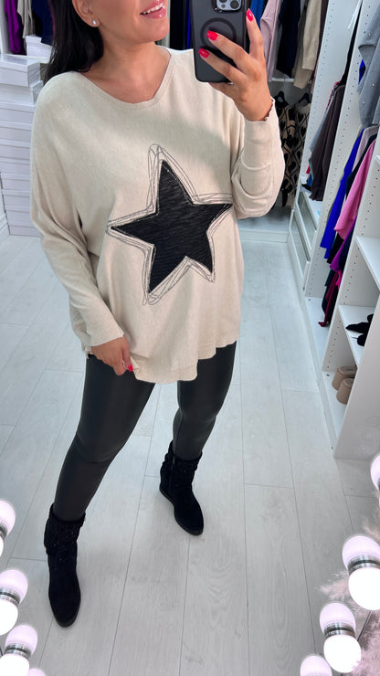 Merosa Fabric Star Diamante Detail Drop Sleeve Knit Top