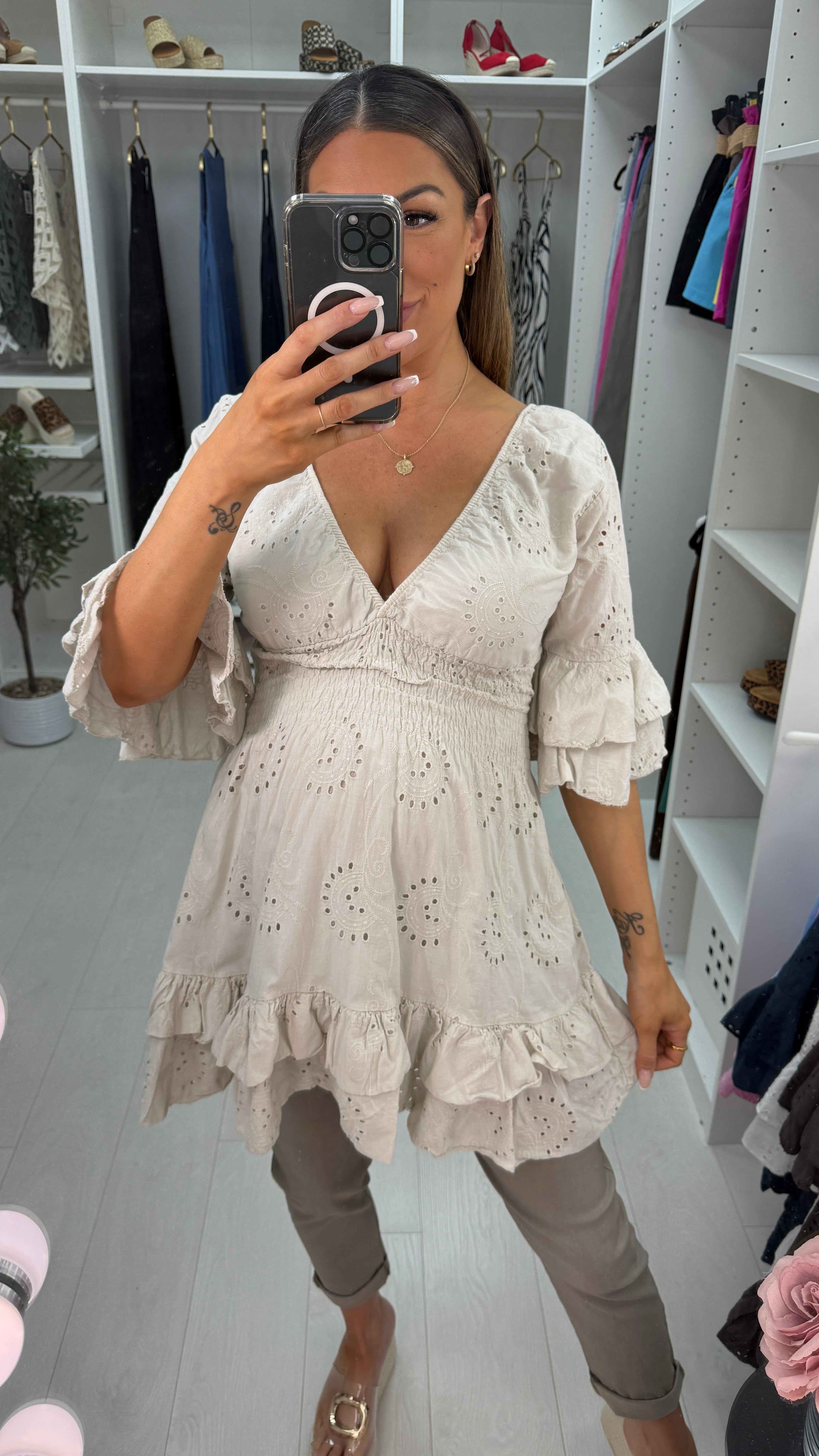 Kamiya Broidery Anglaise Deep V Neck Tunic