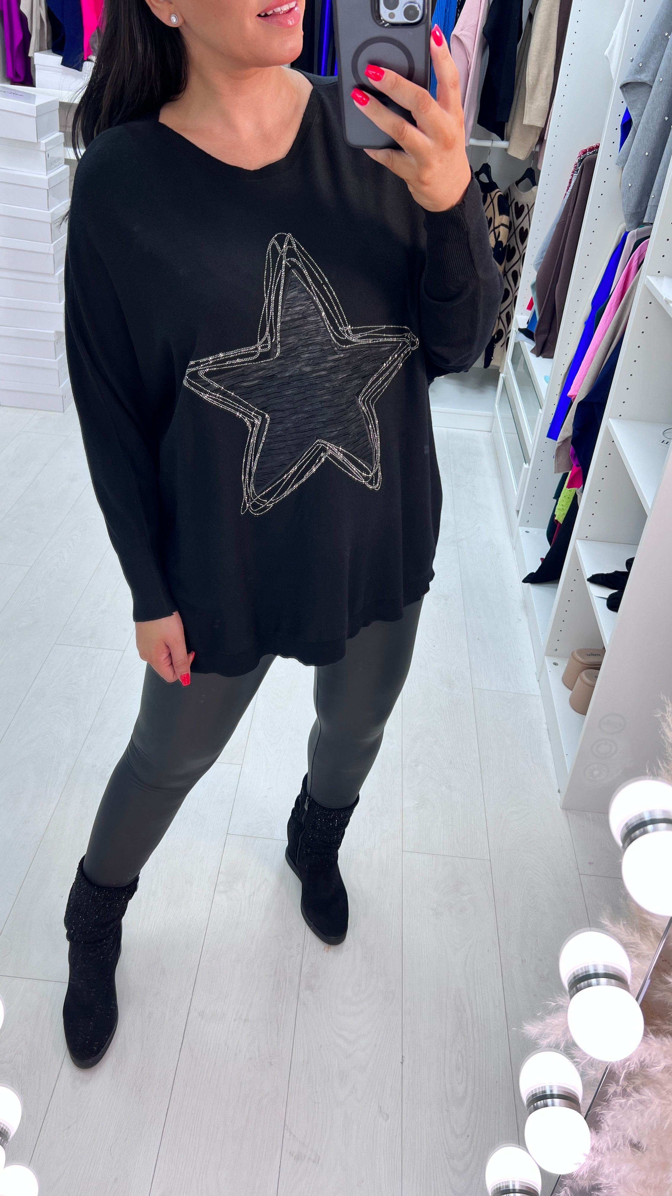 Merosa Fabric Star Diamante Detail Drop Sleeve Knit Top