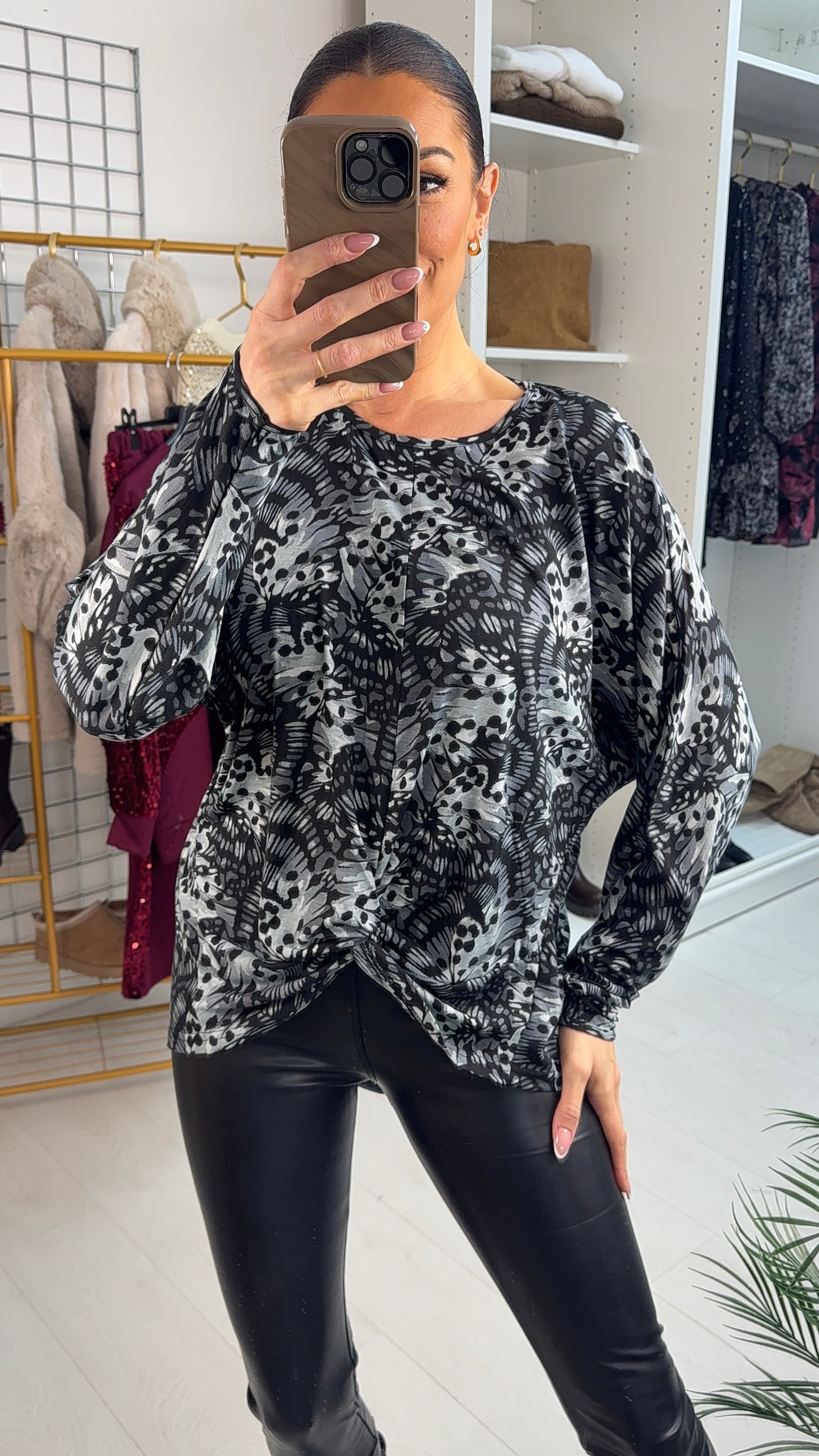 Kenzi Grey Abstract Print Twist Front Top