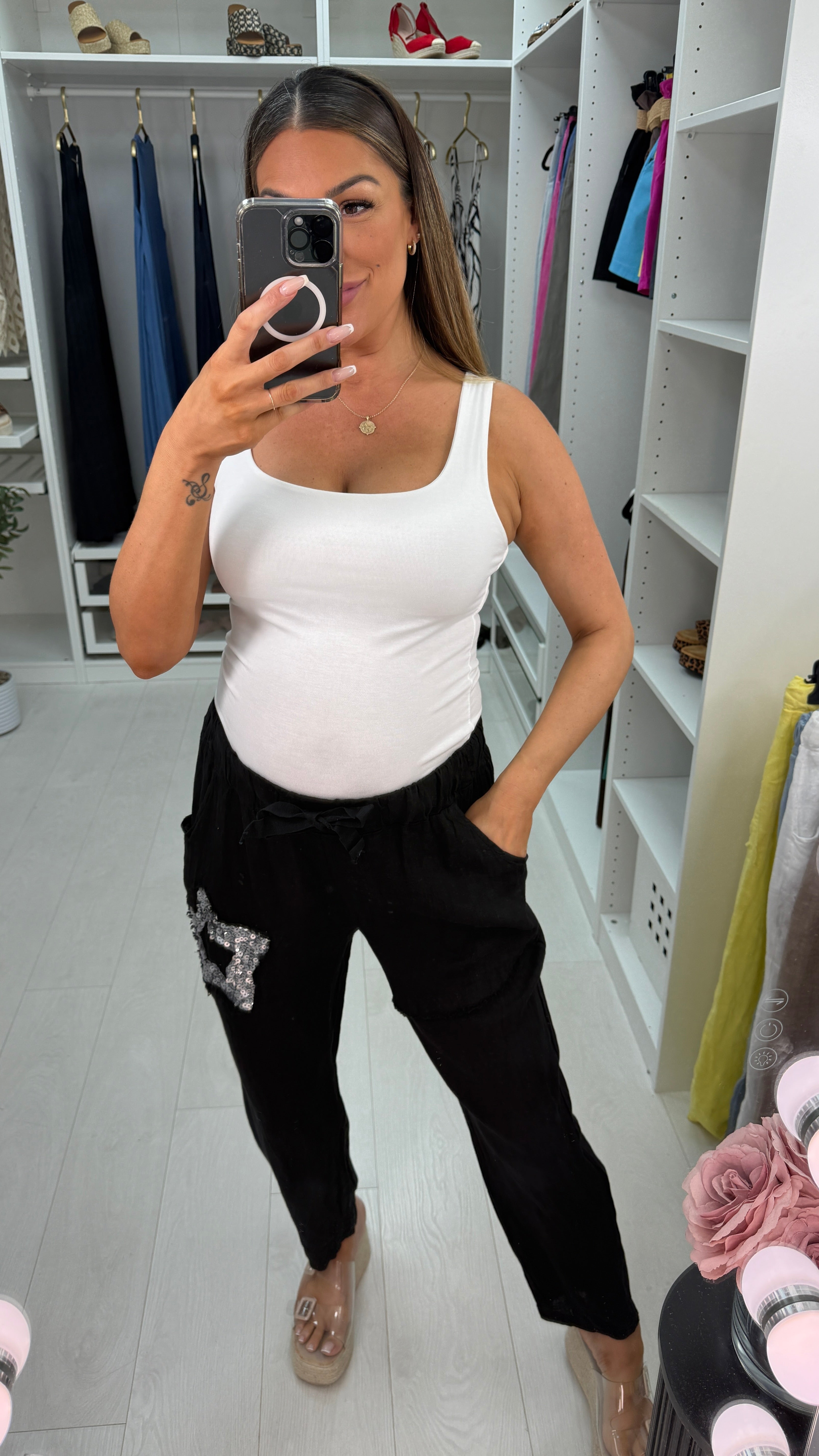 Annalou Plain Sequin Star Detailed Linen Trousers