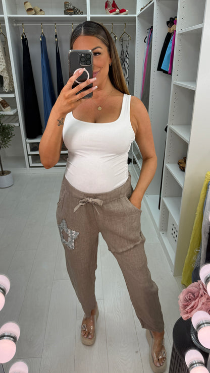 Annalou Plain Sequin Star Detailed Linen Trousers