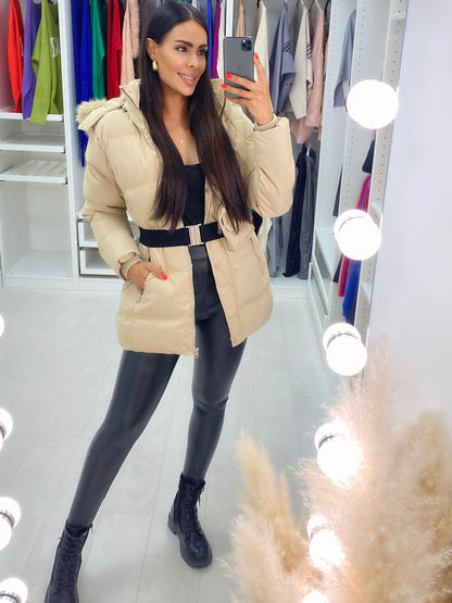 Layana Beige Hooded Fleece Puffer Coat