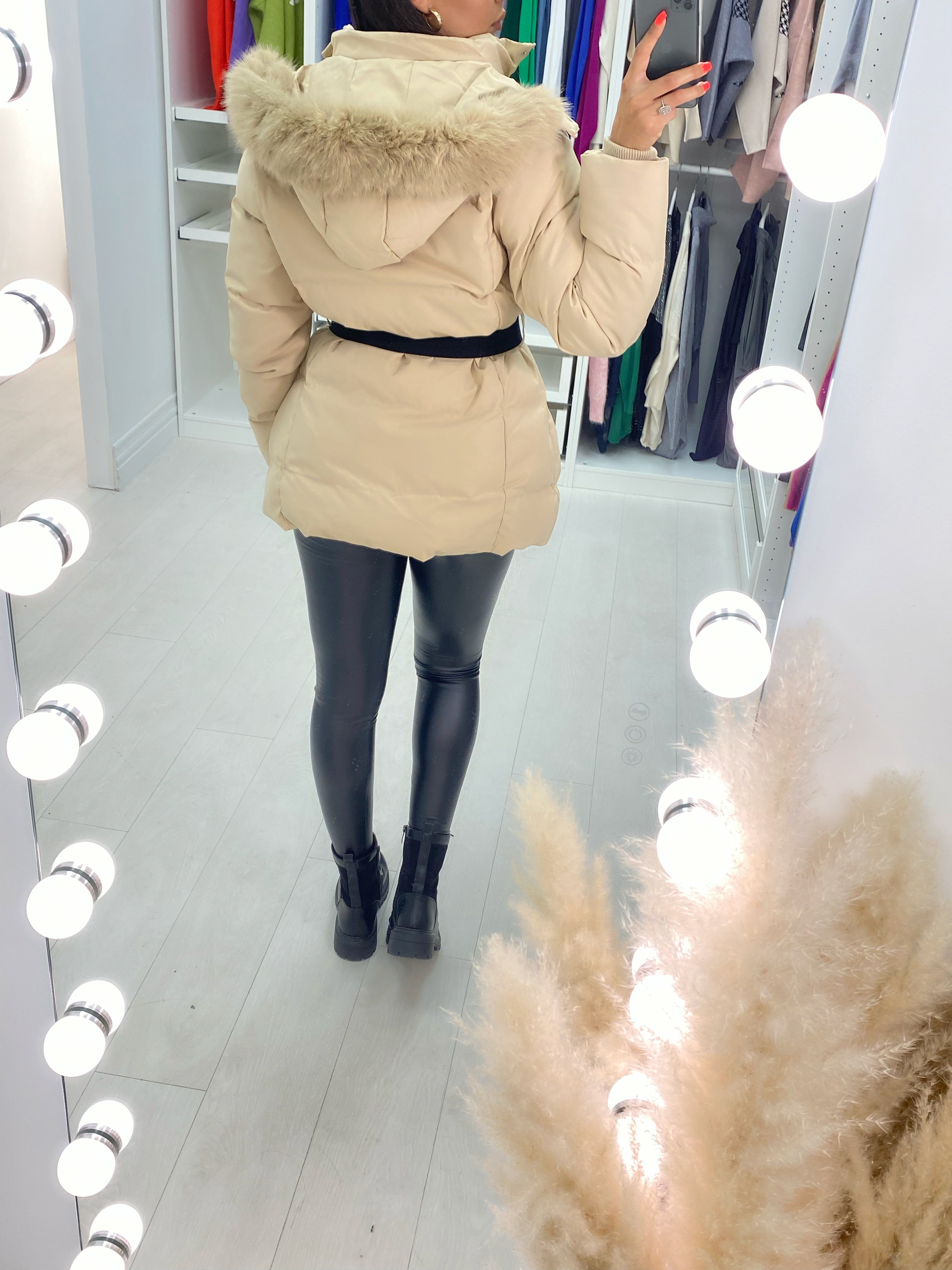 Layana Beige Hooded Fleece Puffer Coat