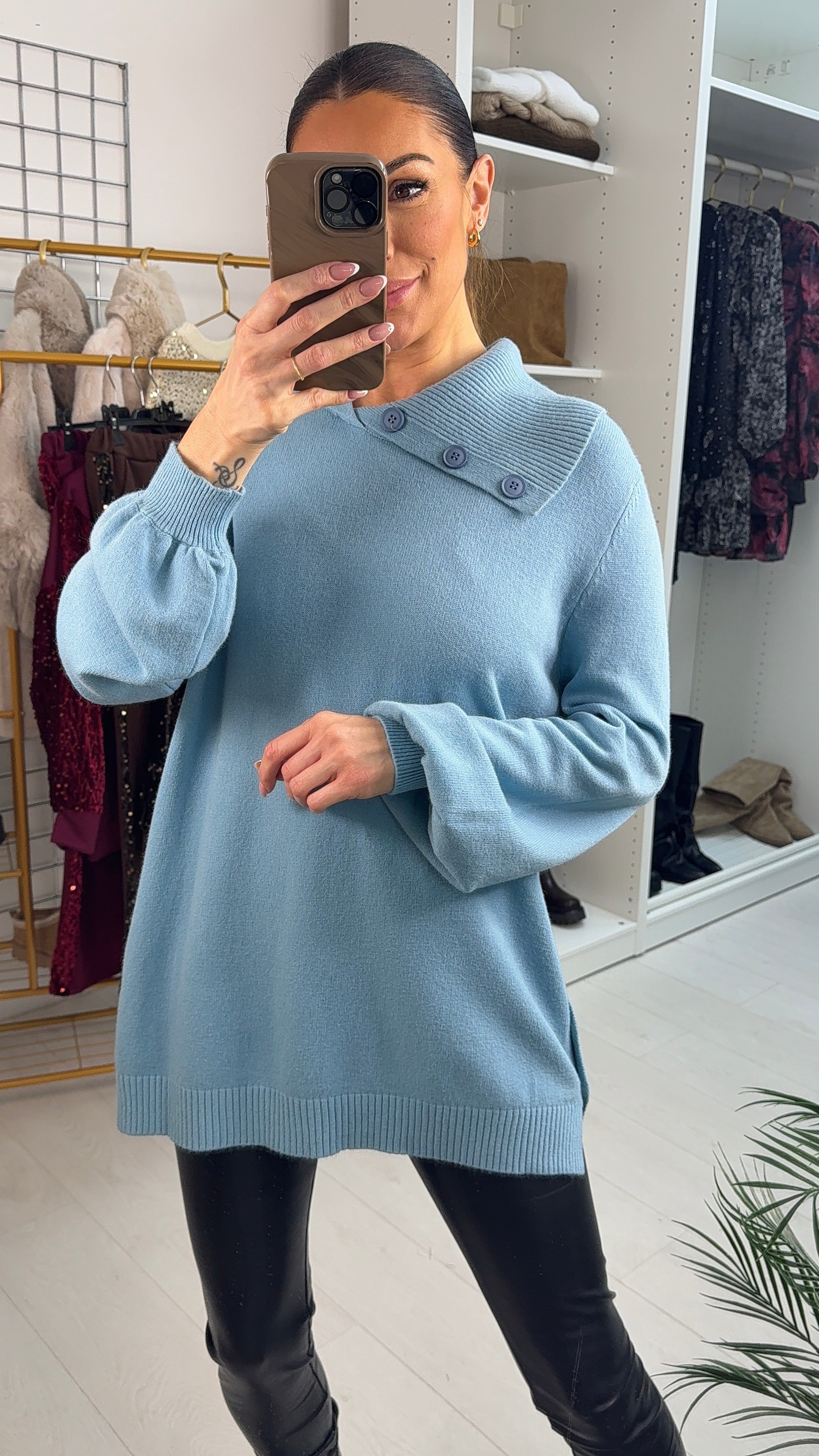 Deren Asymmetric Button Collar Jumper