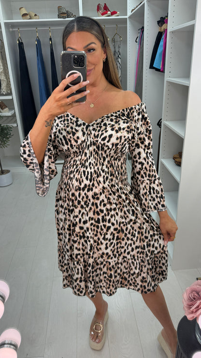 Carissa Leopard Print Shirred Waist Magic Dress