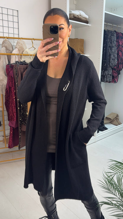 Seema Diamante Pin Hooded Drape Front Cardigan