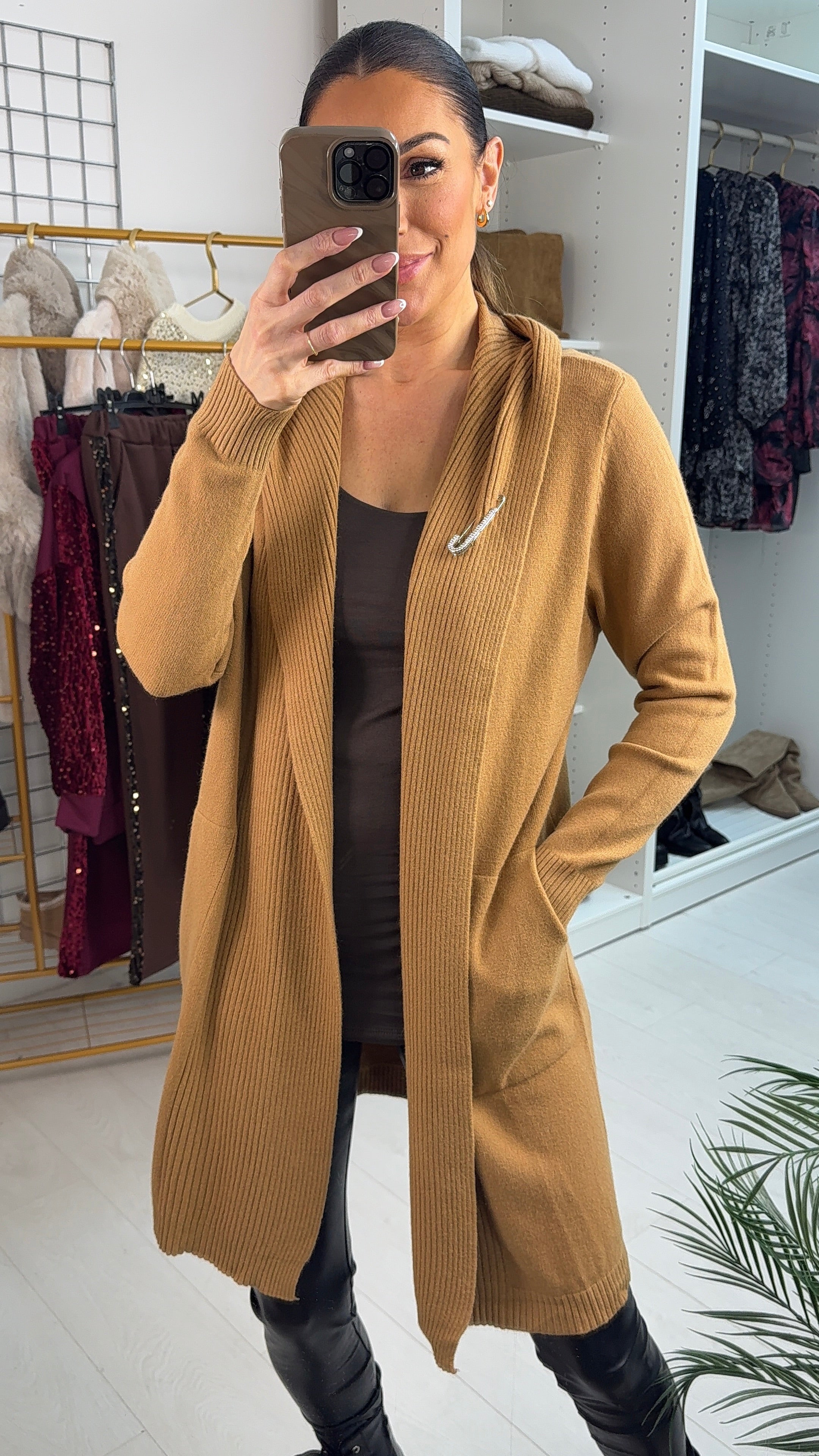 Seema Diamante Pin Hooded Drape Front Cardigan