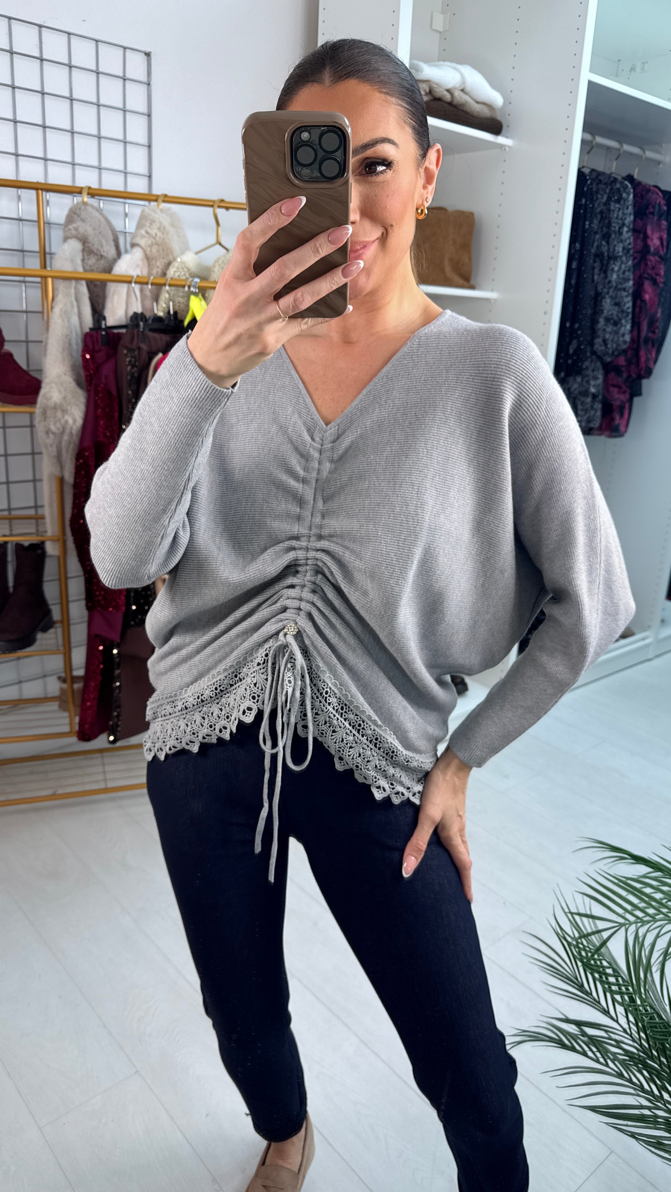 Margena Crochet Rouched Detailed Ribbed Knit Jumper