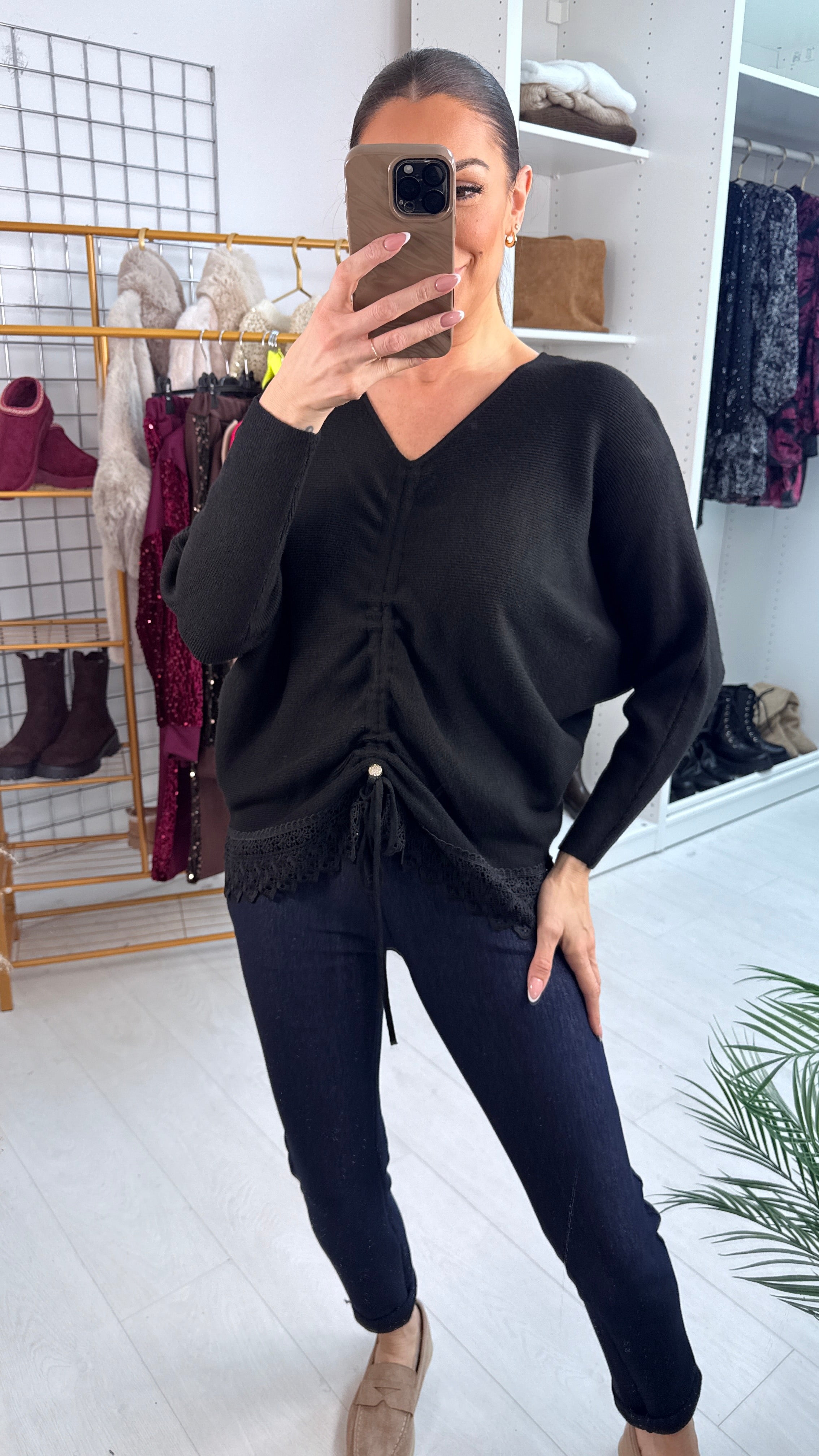 Margena Crochet Rouched Detailed Ribbed Knit Jumper