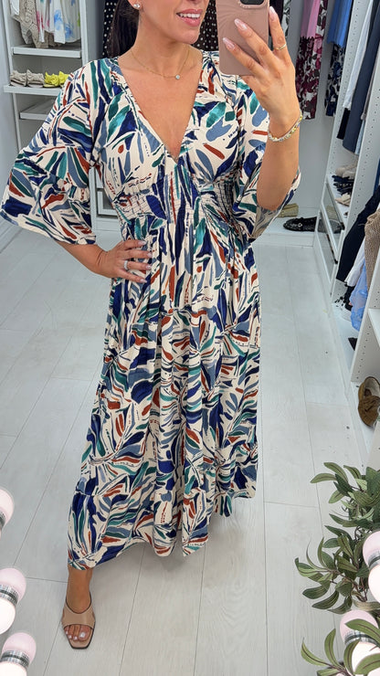 Lavinia Abstract Print Shirred Waist Magic Maxi Dress