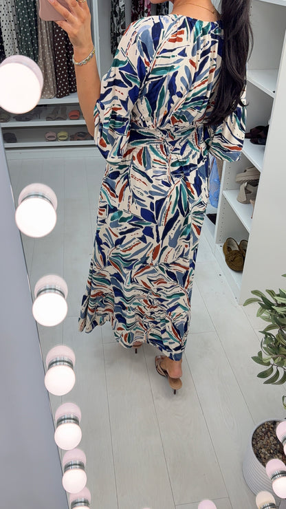 Lavinia Abstract Print Shirred Waist Magic Maxi Dress