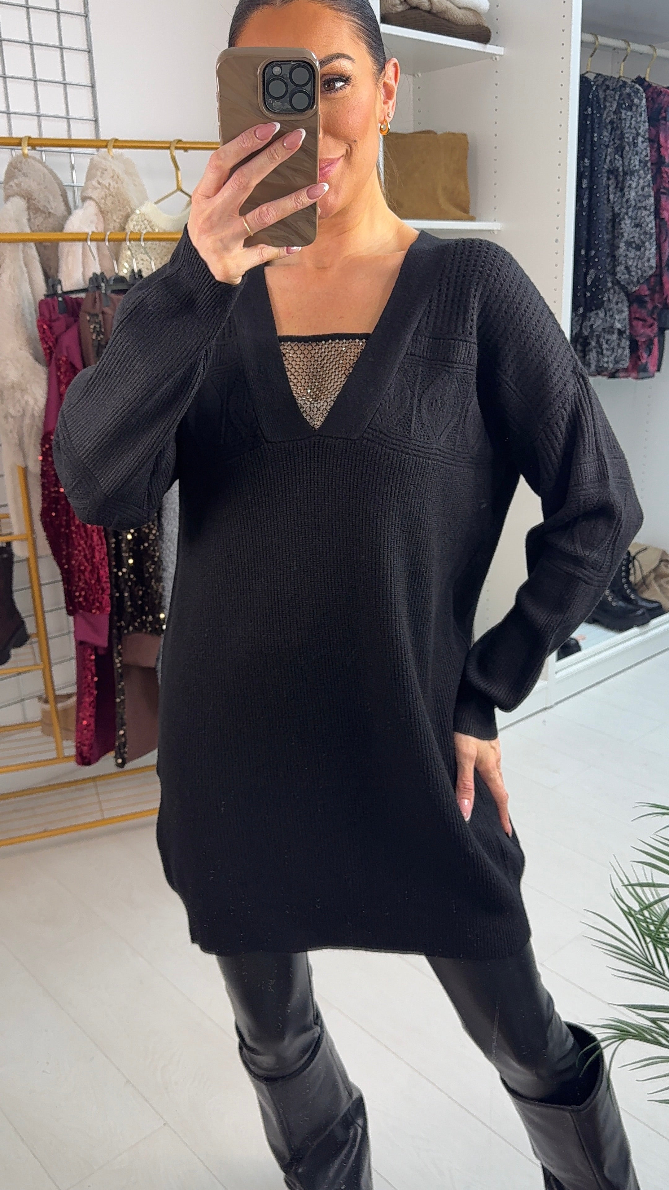 Zenna Plain Embellished V Neck Longline Jumper