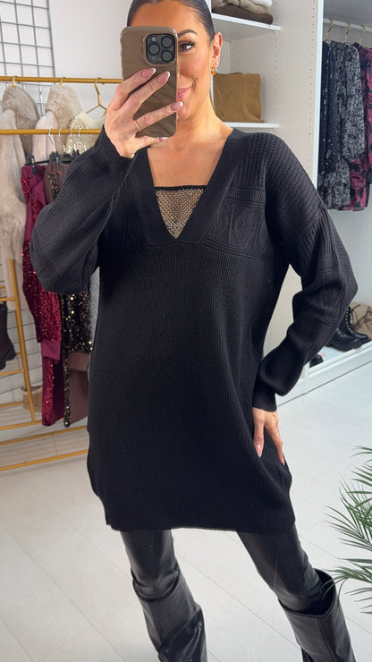 Zenna Plain Embellished V Neck Longline Jumper