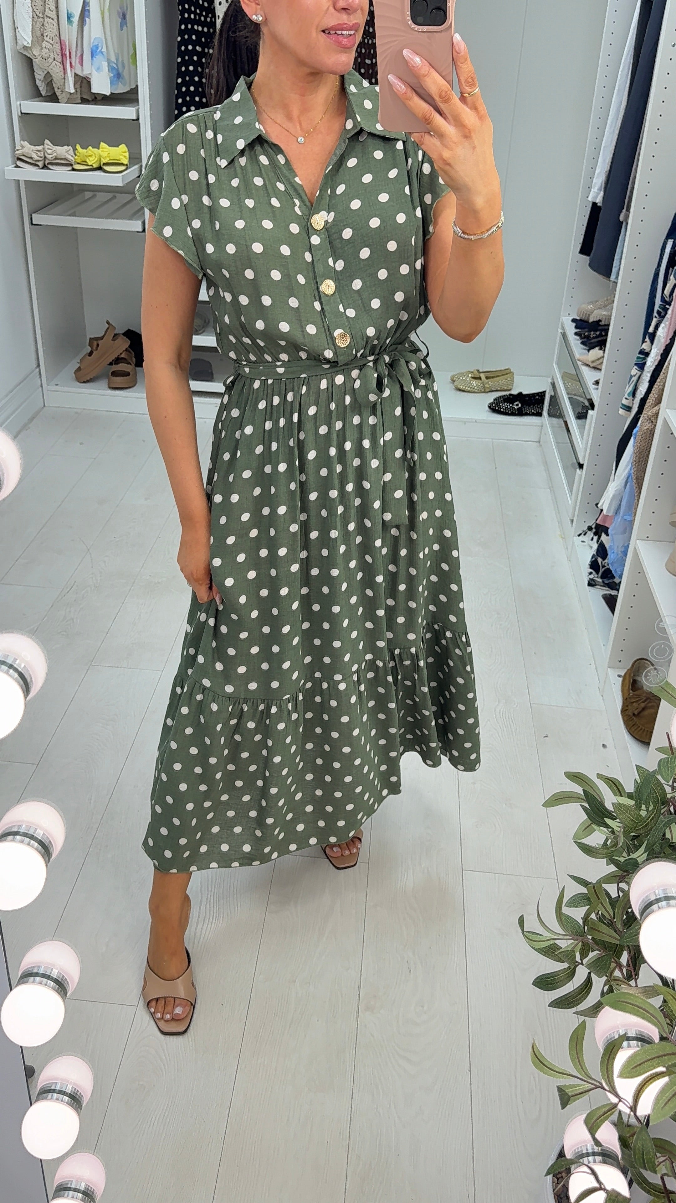 Zinnia Polka Dot Short Sleeve Belted Maxi Dress