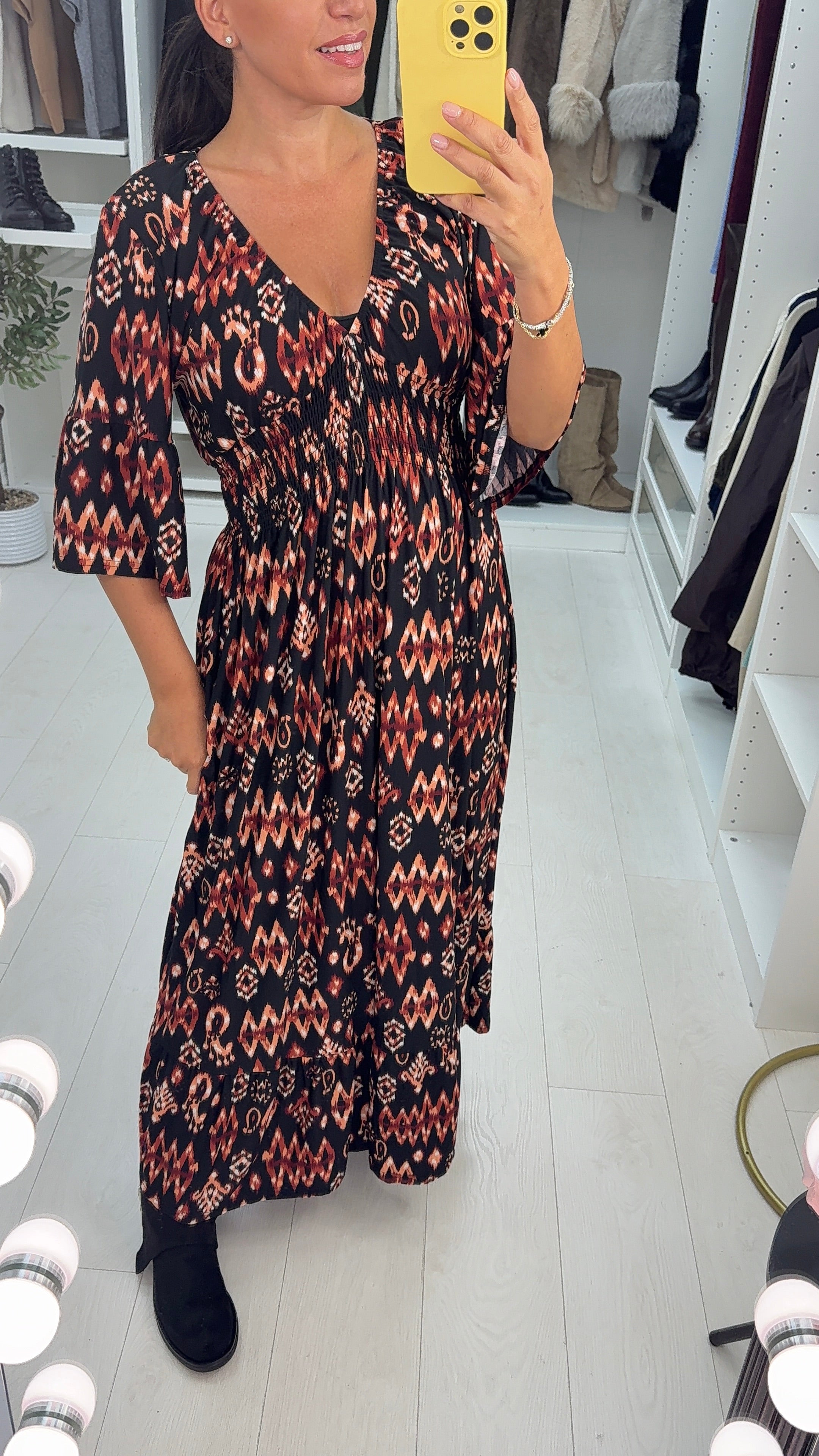 Irena Abstract Print Shirred Waist Magic Maxi Dress