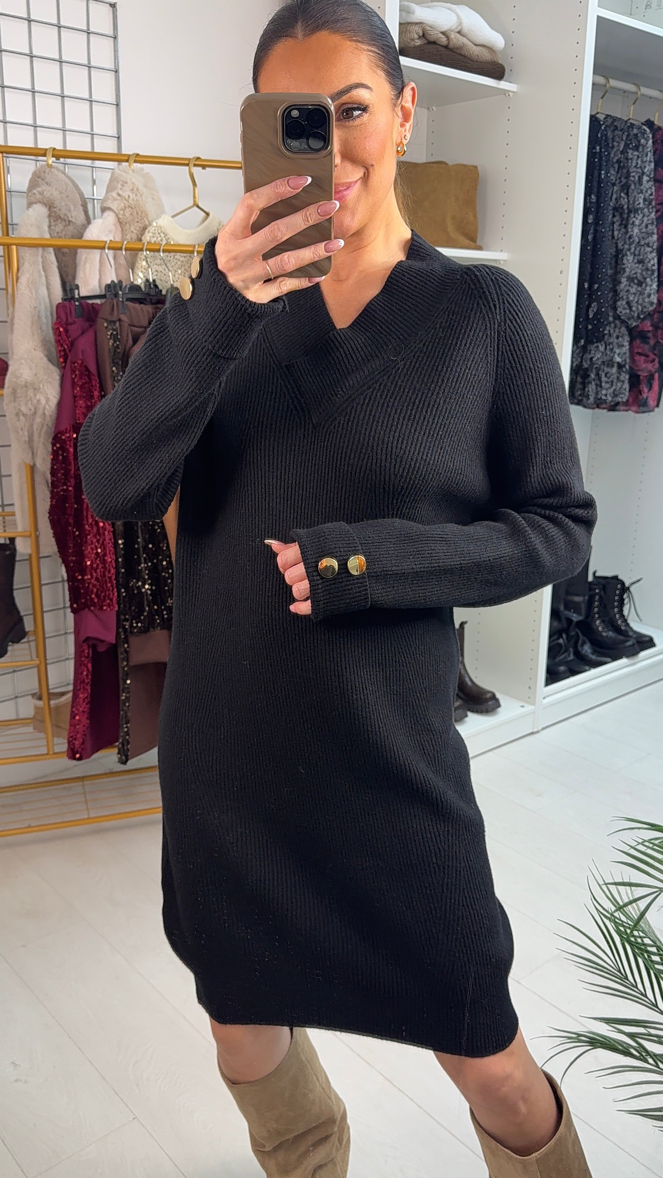 Pammie Plain V Neck Ribbed Jumper Dress