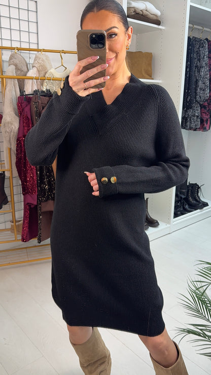 Pammie Plain V Neck Ribbed Jumper Dress