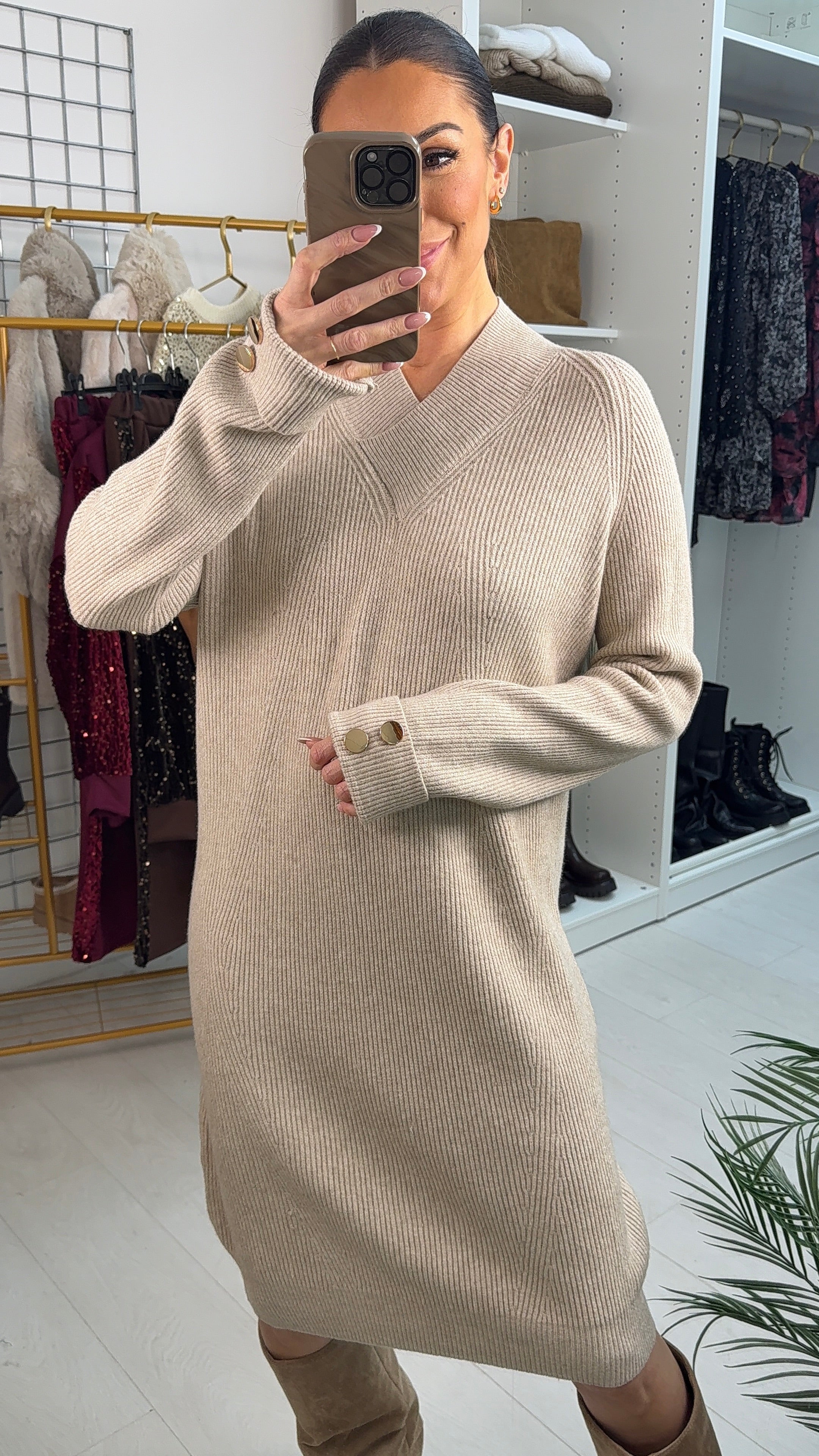 Pammie Plain V Neck Ribbed Jumper Dress