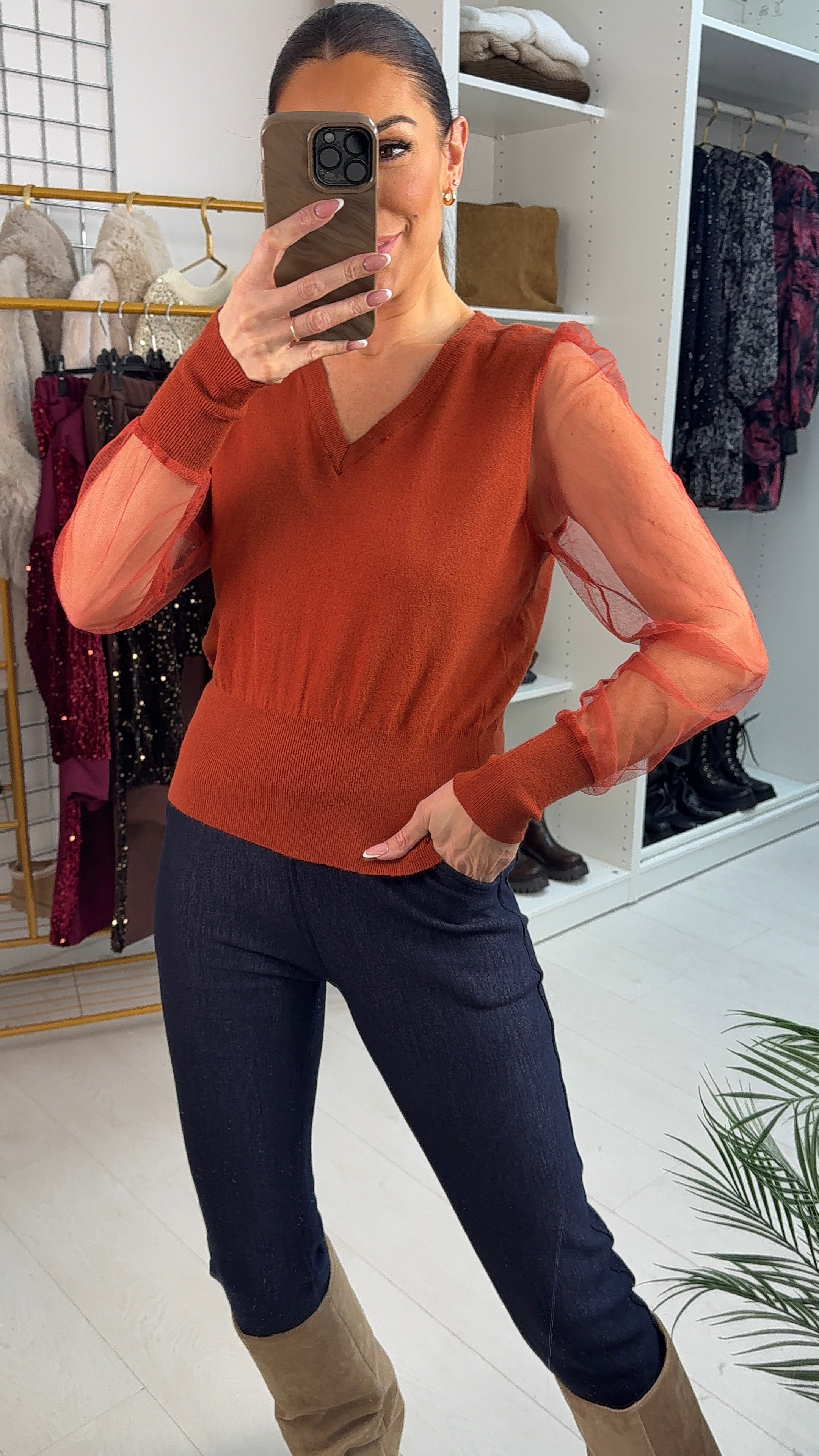 Jillian Plain V Neck Mesh Sleeve Jumper