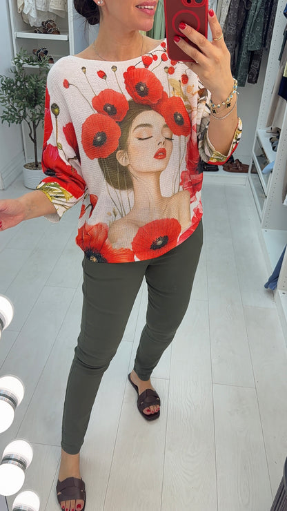 Ballie Poppy Lady Print Batwing Top