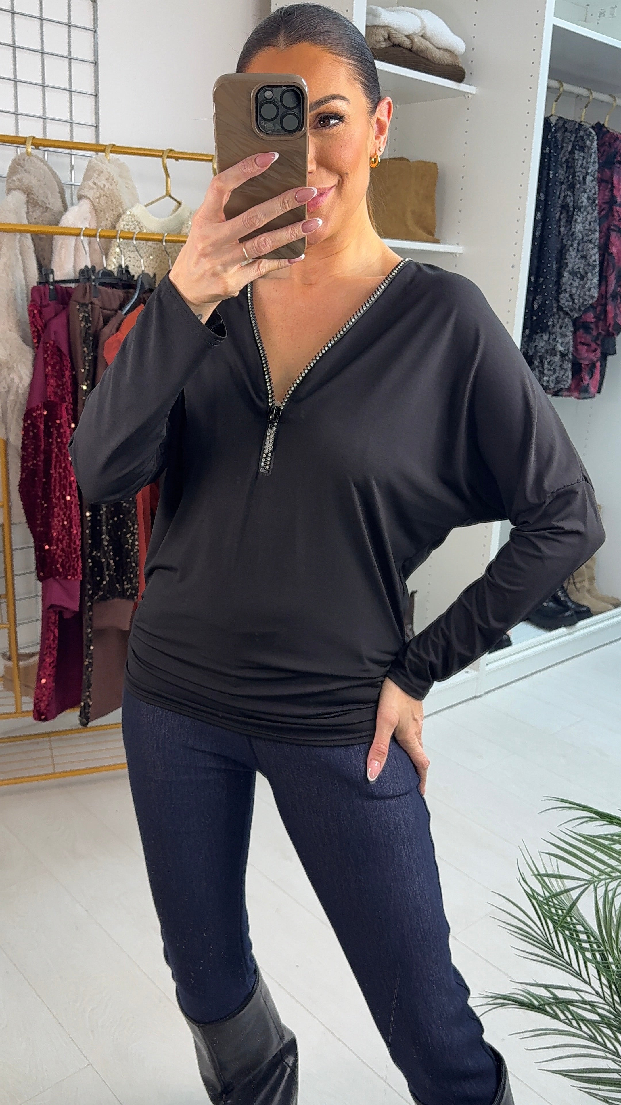 Hollie Plain Diamante Zip Front Top