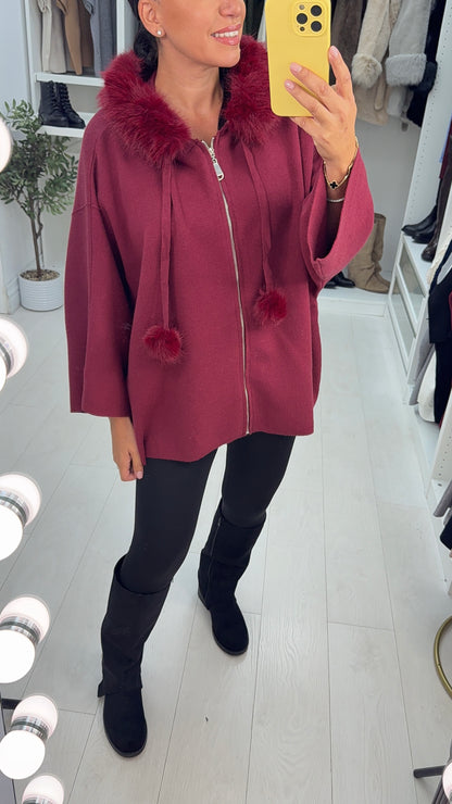 Krystal Faux Fur Trim Hooded Zip Cardigan
