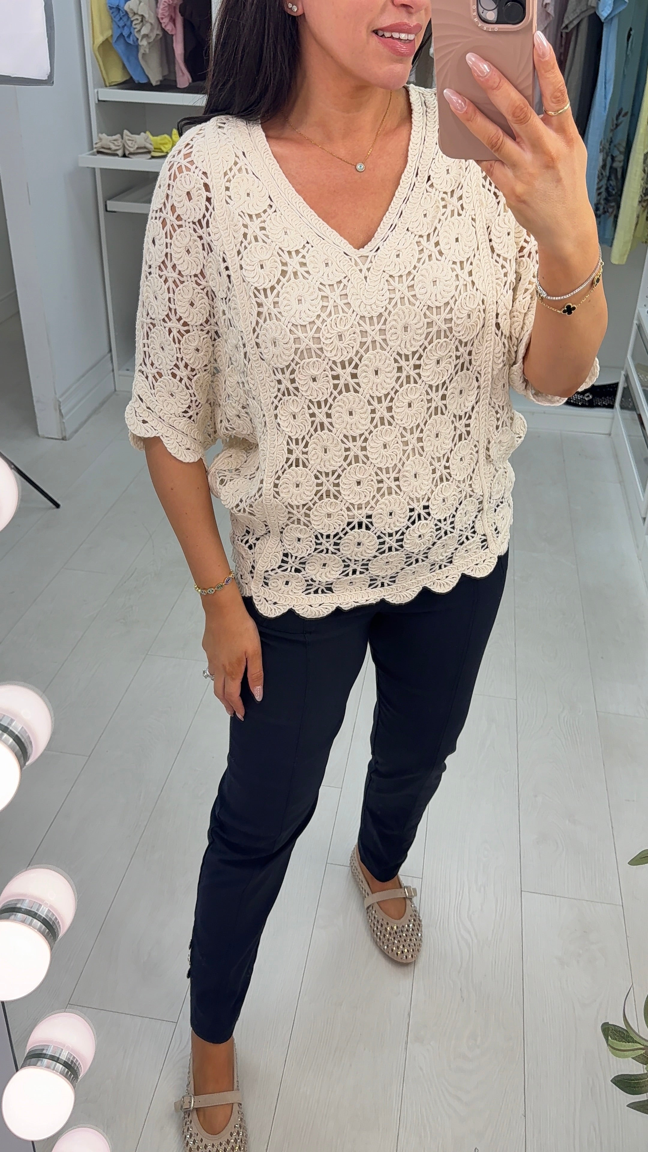 Raleigh V Neck Batwing Crochet Top