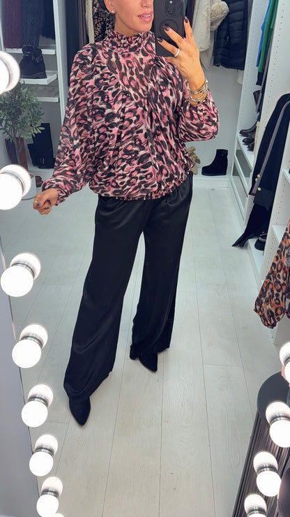 Estefan Abstract Print Double Layer Shirred High Neck Blouse