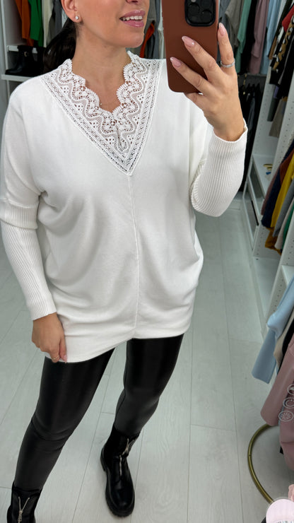 Cruise Crochet Detailed V Neck Jumper