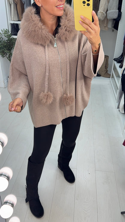 Krystal Faux Fur Trim Hooded Zip Cardigan