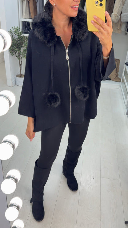 Krystal Faux Fur Trim Hooded Zip Cardigan