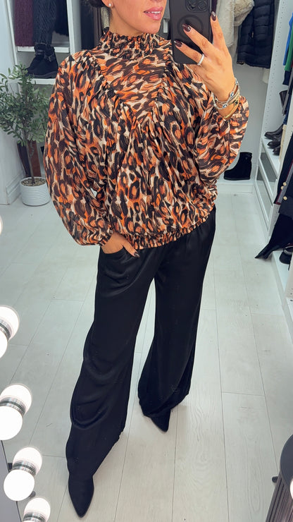 Estefan Abstract Print Double Layer Shirred High Neck Blouse