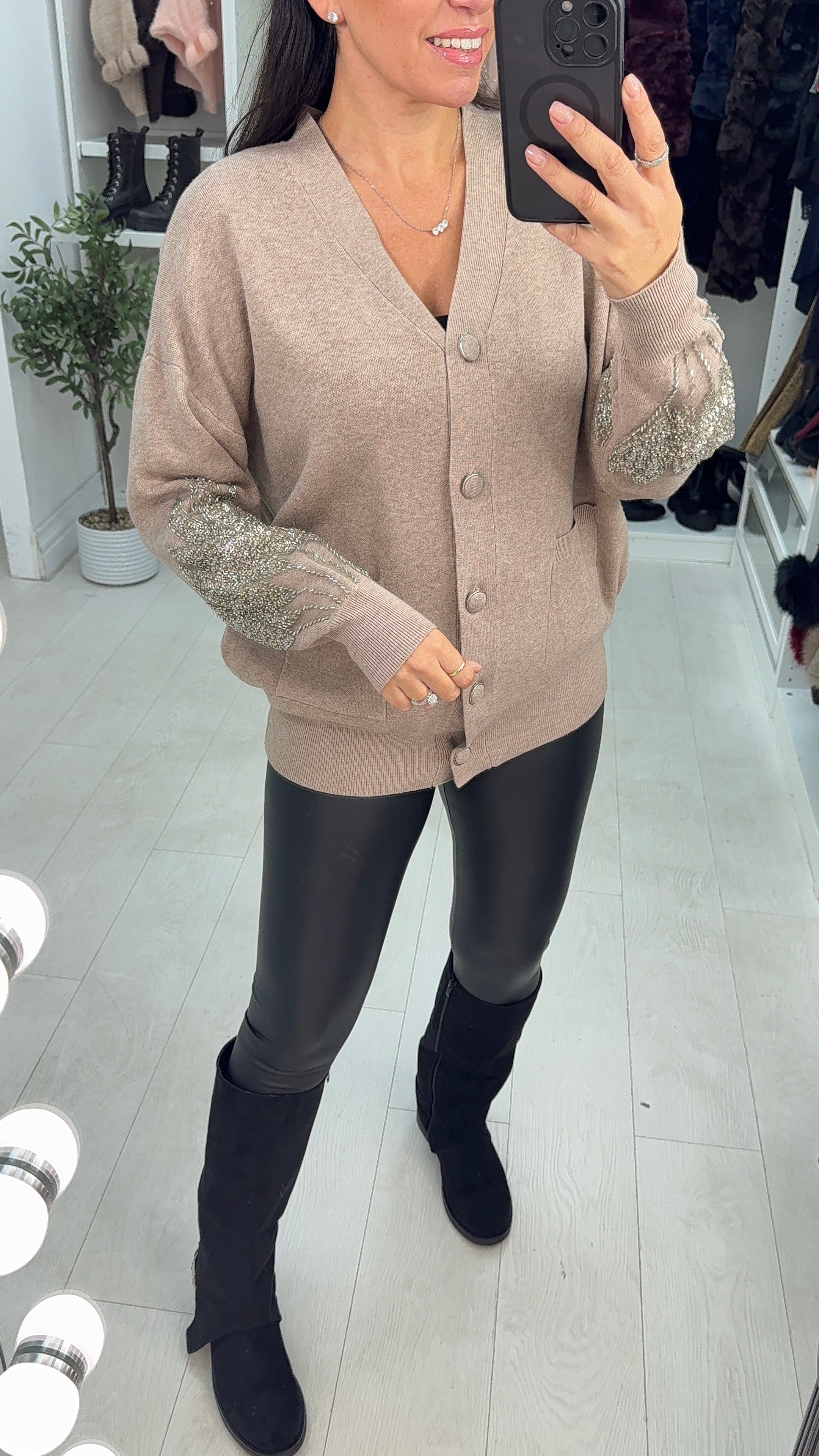 Reby Plain Embellished Sleeve Button Front Cardigan