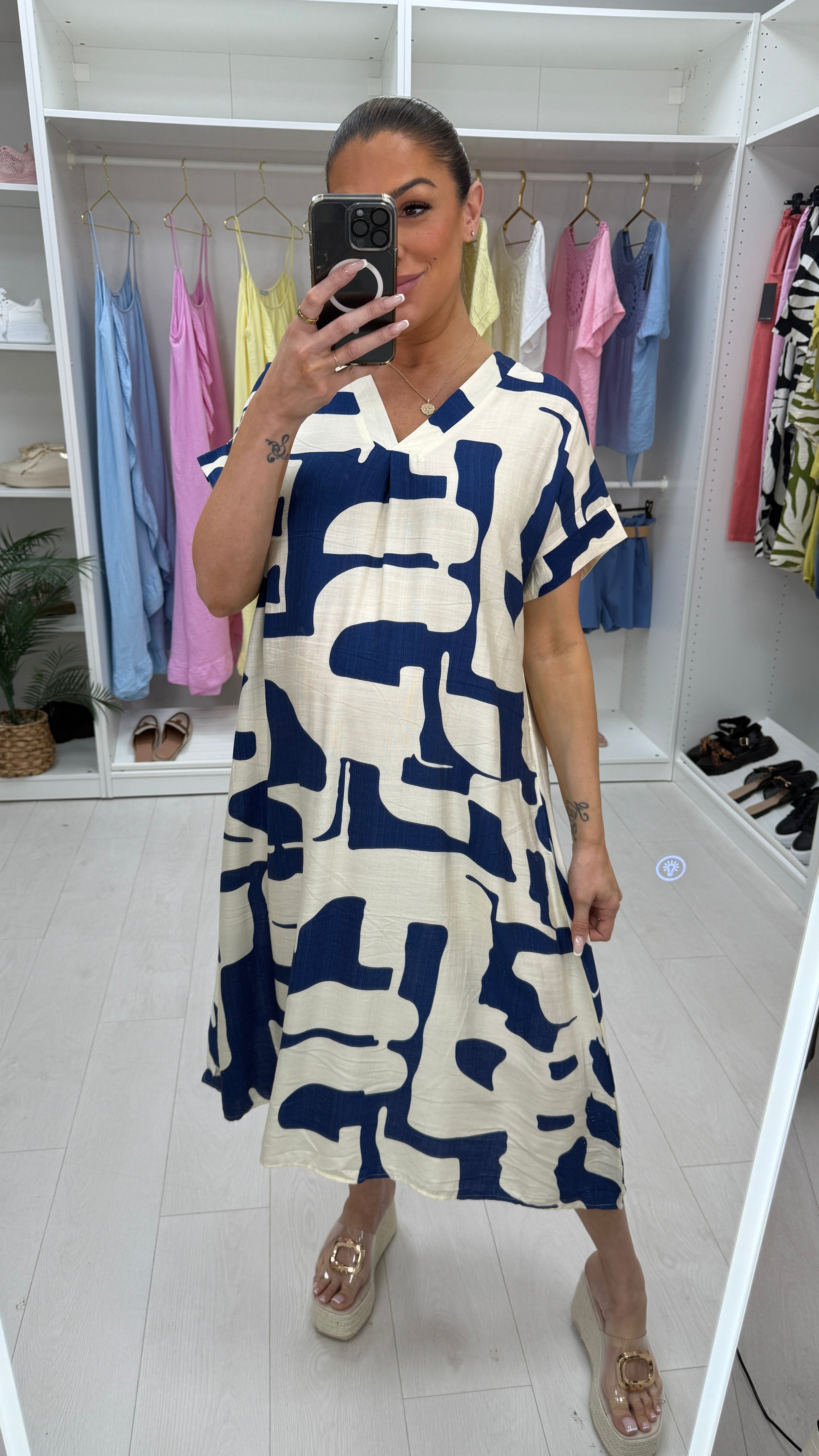 Daria Abstract Print Loose Fit V Neck Dress