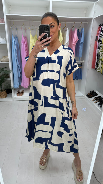Daria Abstract Print Loose Fit V Neck Dress