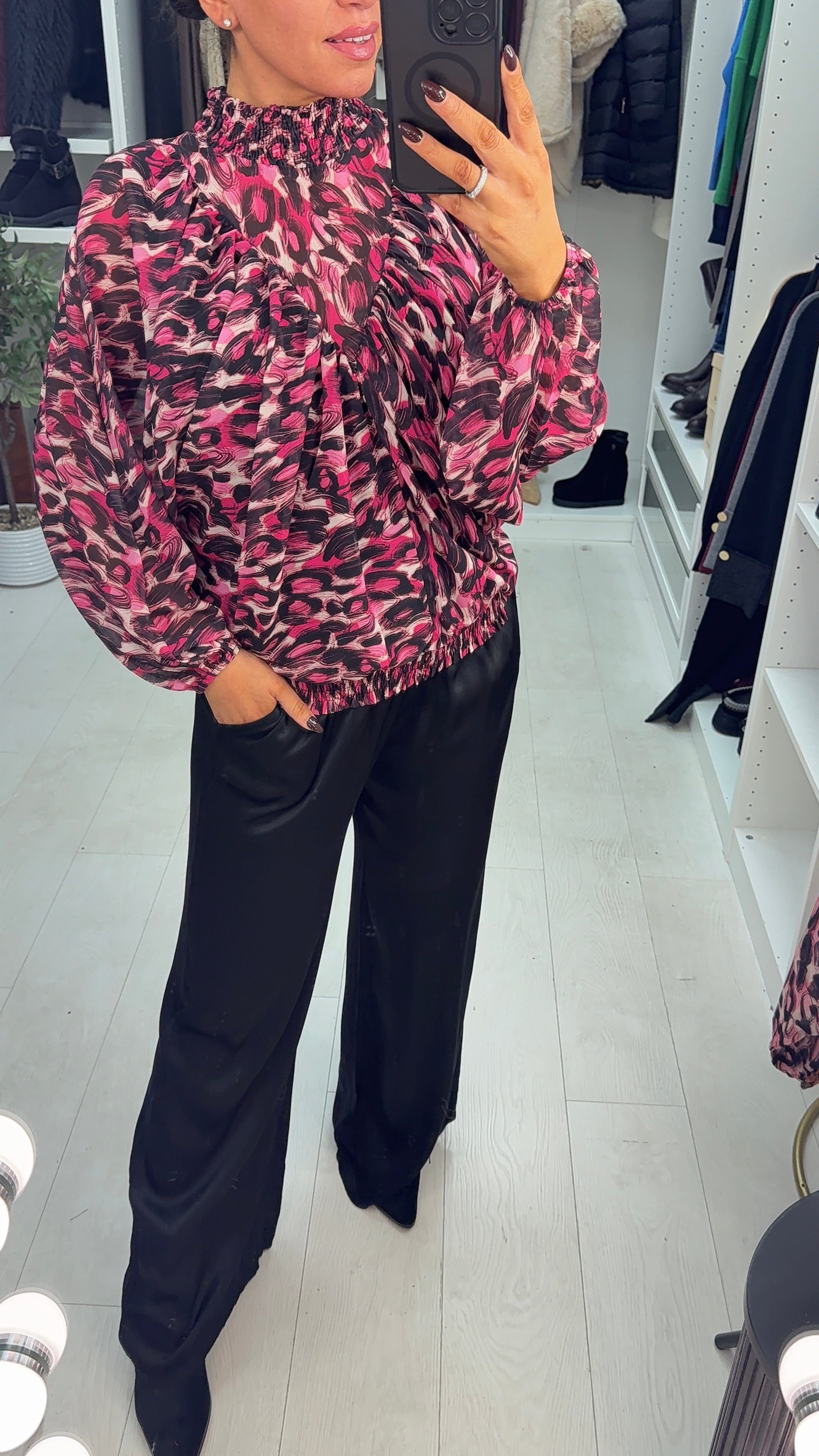 Estefan Abstract Print Double Layer Shirred High Neck Blouse